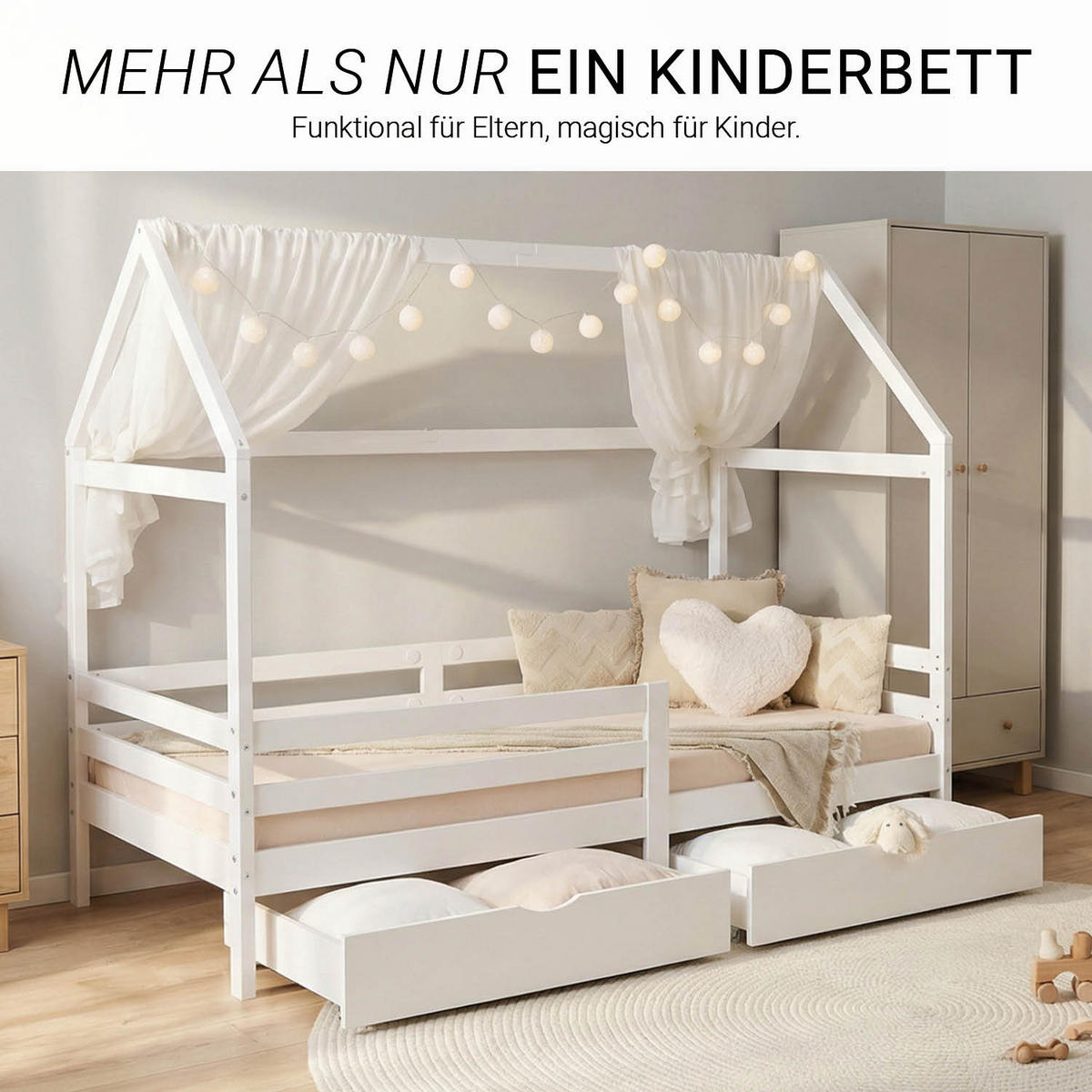 HAUSBETT 90/200 mit Rausfallschutz Weiß - Weiß, Holz (207/158/96cm) - Homestyle4u