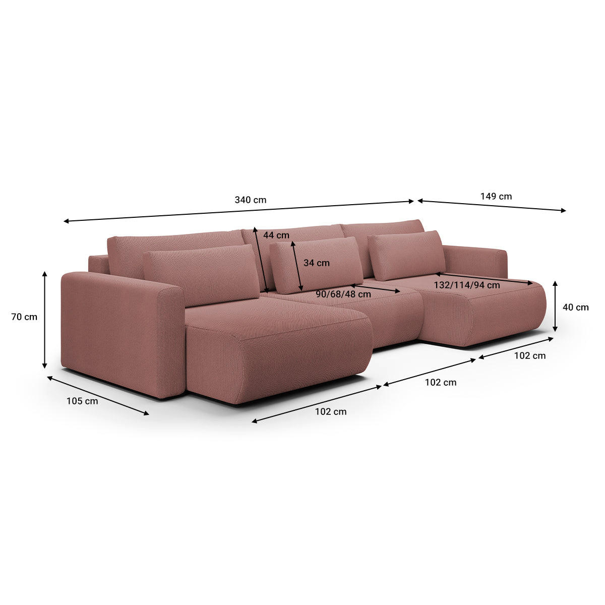 PANORAMASOFA Evy 4 Sitzplätze Rose - Pink, Holz (340/82/149cm) - Petits-meubles