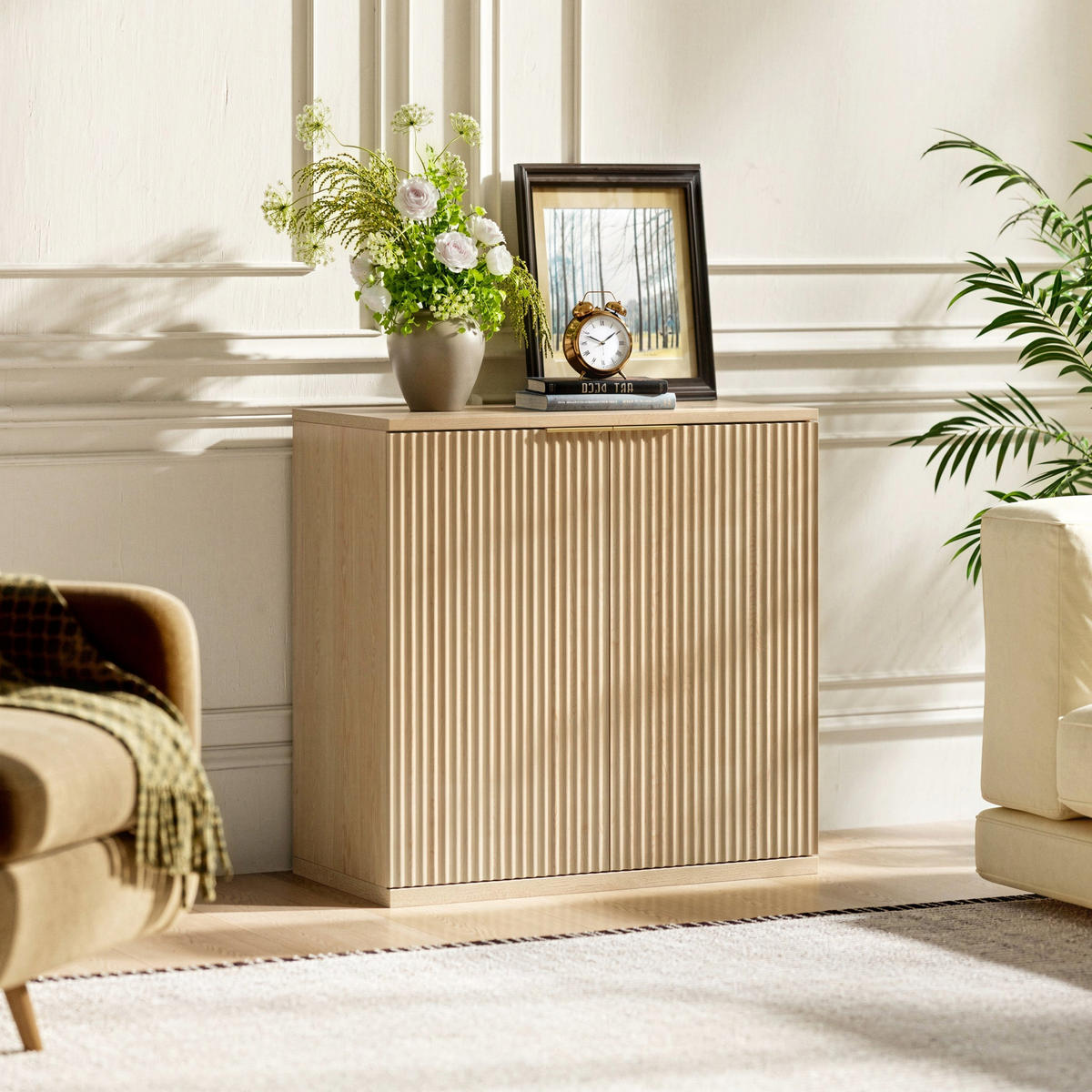 SIDEBOARD in Heller Holzoptik mit Geriffelter Front, Beige - Beige, Holzwerkstoff (40/80cm) - Urban Meuble