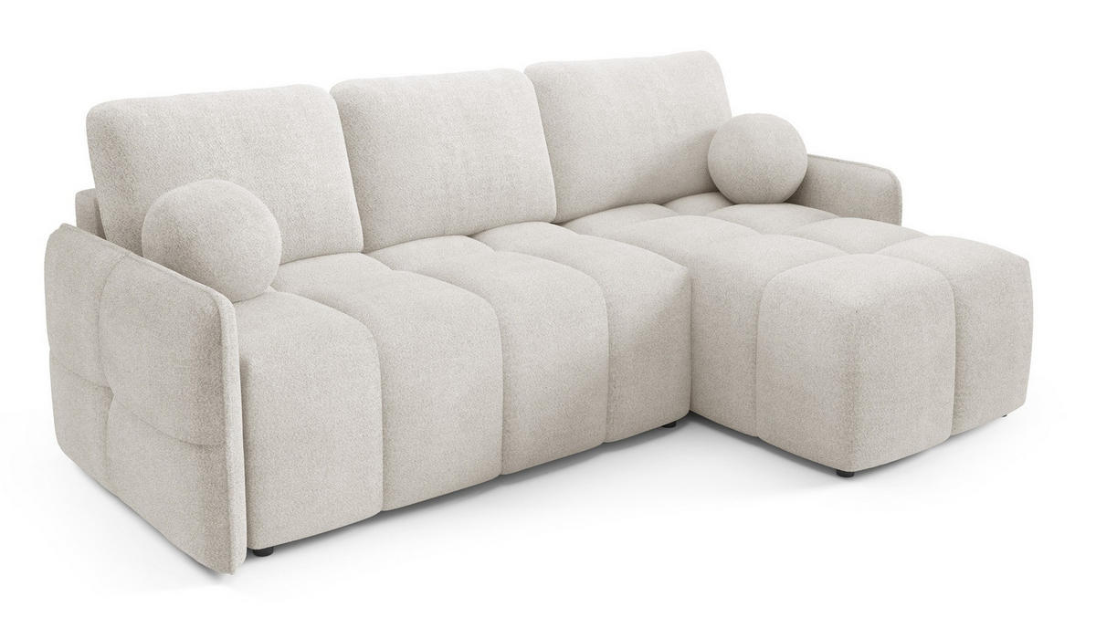ECKSOFA MONO, Eckcouch in L-Form mit Schlaffunktion und Bettkasten, Farbe: Creme, Velourstoff, Ottomane Rechts - Creme, Textil (220/145cm) - Sepro Meble