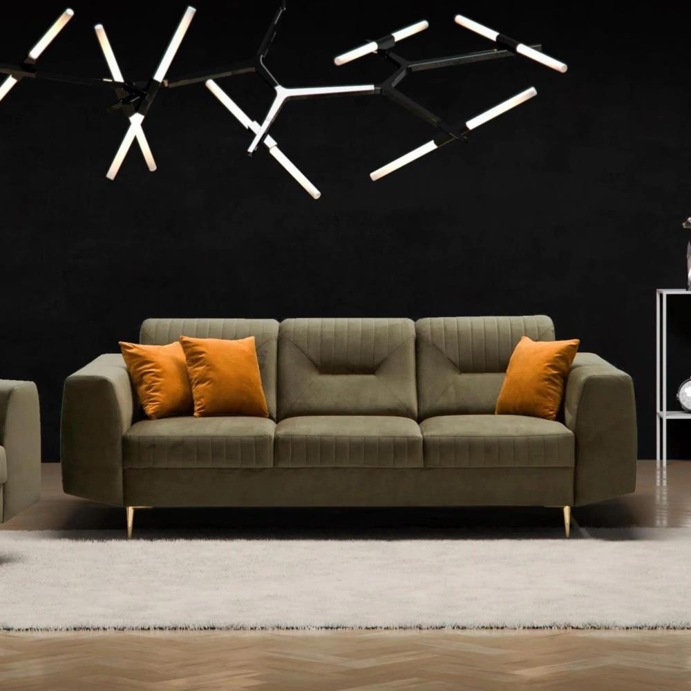 3-SITZER SOFA Venezia olivgrün mit goldenen Beinen - Goldfarben/Olivgrün, Textil (233/85/94cm) - Beautysofa