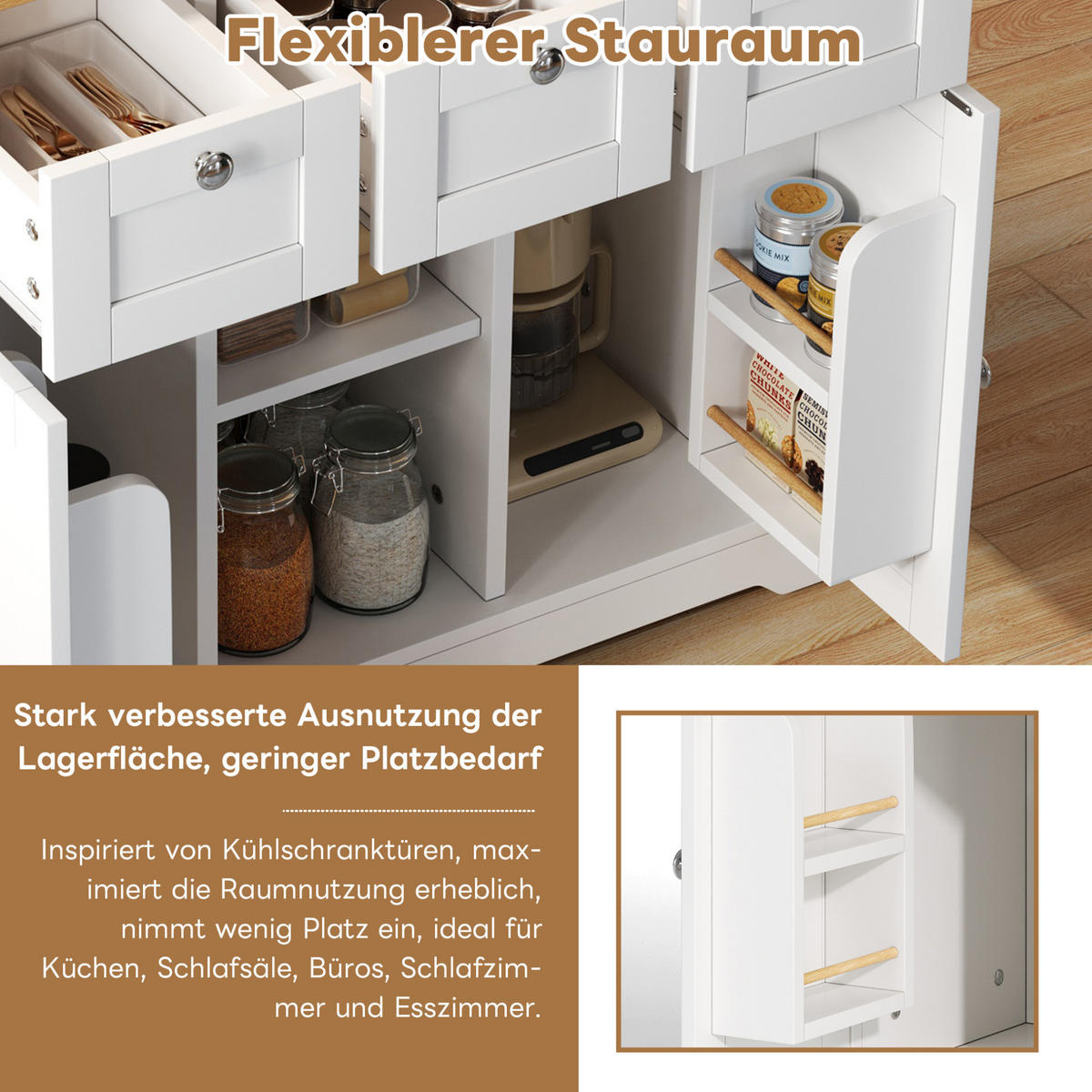 KÜCHENINSEL 132/87/40(70) cm Weiß/Natur aus MDF mit klappbarer Arbeitsplatte - Weiß, Holzwerkstoff (70/87/132cm) - OKMYHOME
