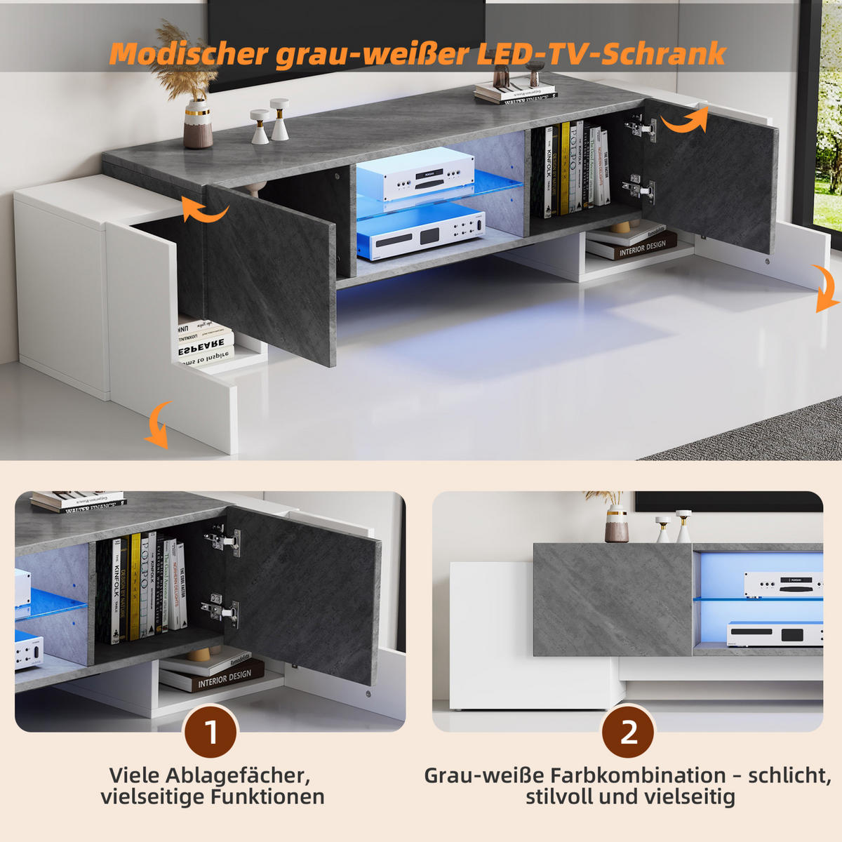 LOWBOARD 180/40/46,5 cm aus MDF mit LED-Lichtleiste und 4 Türen Weiß/Grau - Weiß, Holzwerkstoff (180/46.5/40cm) - Modenvie