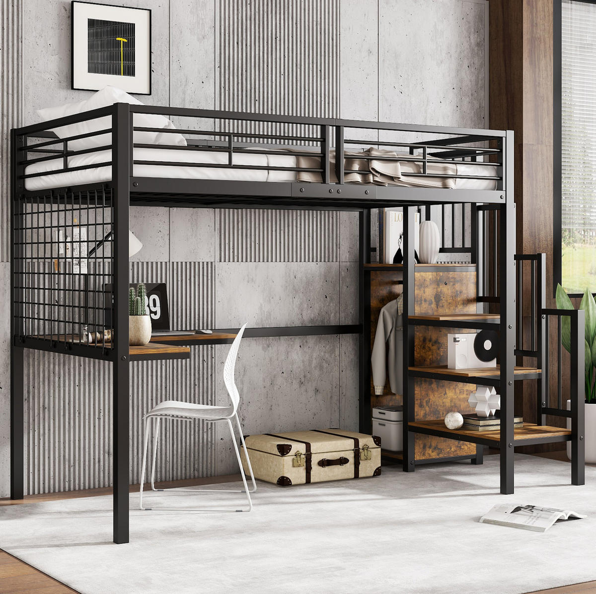 HOCHBETT 90/200 cm mit Schreibtisch und Kleiderschrank in Schwarz/Dunkelholz - Schwarz, Holzwerkstoff (90/200cm) - BEAOK