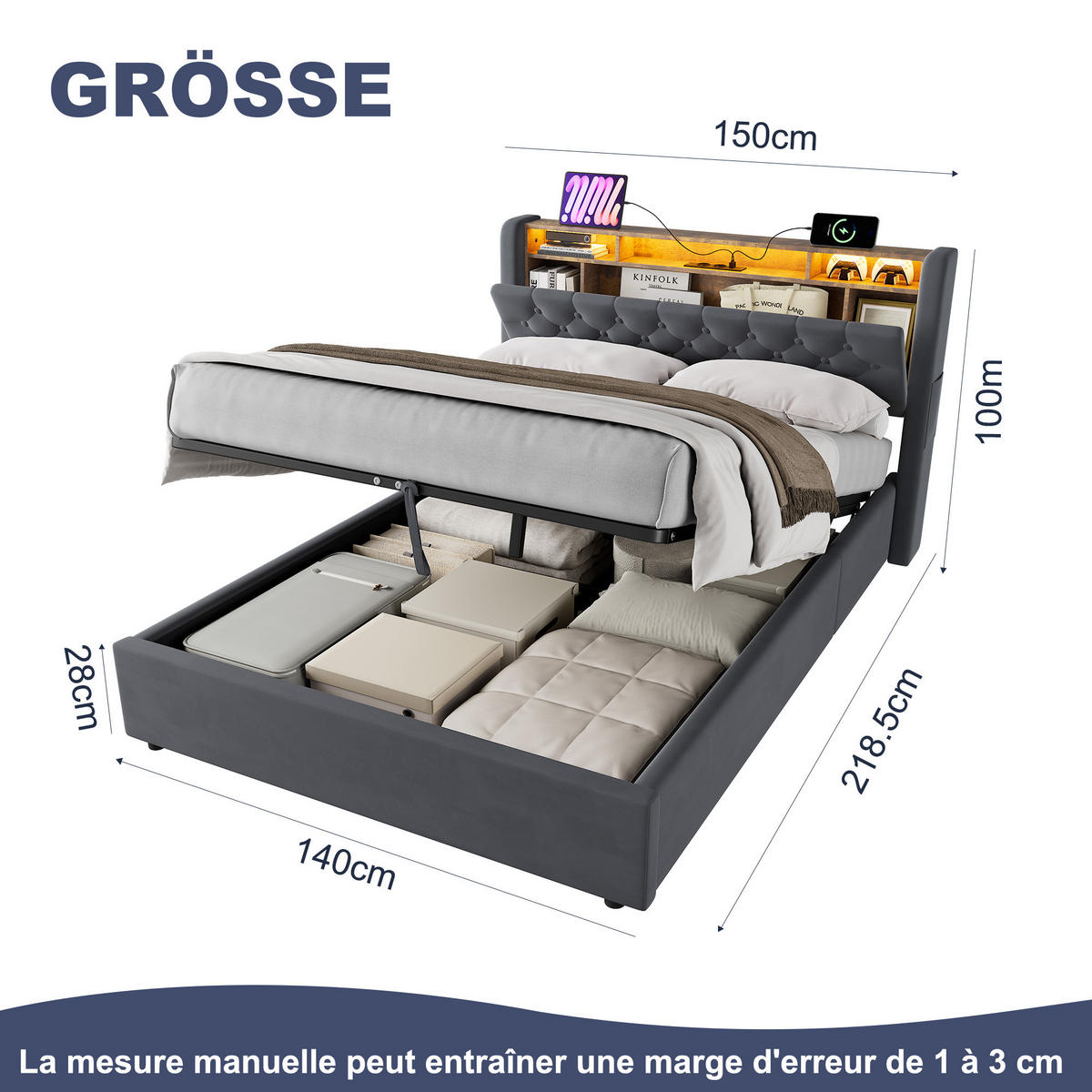 POLSTERBETT 140/200 cm in Dunkelgrau Samt mit Bettkasten, LED-Beleuchtung und USB-Anschluss - Dunkelgrau, Holzwerkstoff/Textil (140/200cm) - CHICFURN