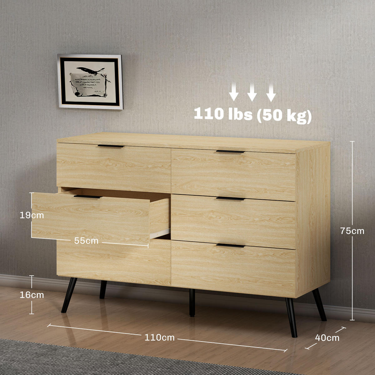 KOMOODE DE-12838 6 Schubladen, modern Holzfarbe - Eichefarben, Holzwerkstoff (110/75/40cm) - ComfortXL
