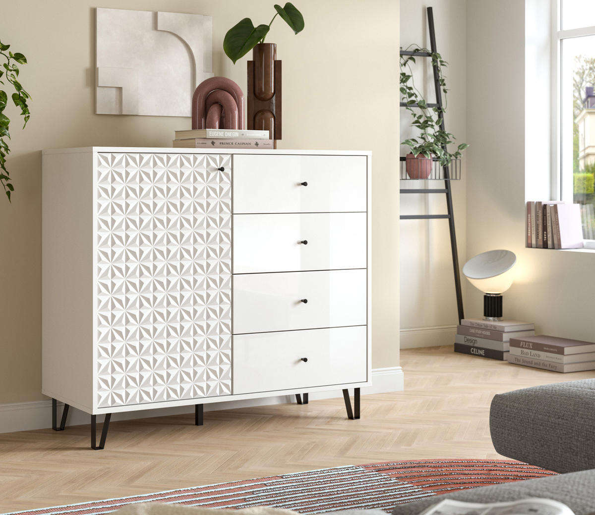 KOMMODE weiß Hochglanz 110 x 96 cm, Sideboard mit 3D-Struktur - Weiß Hochglanz/Schwarz, Holzwerkstoff/Kunststoff (110/96/40cm) - Inn.Furn