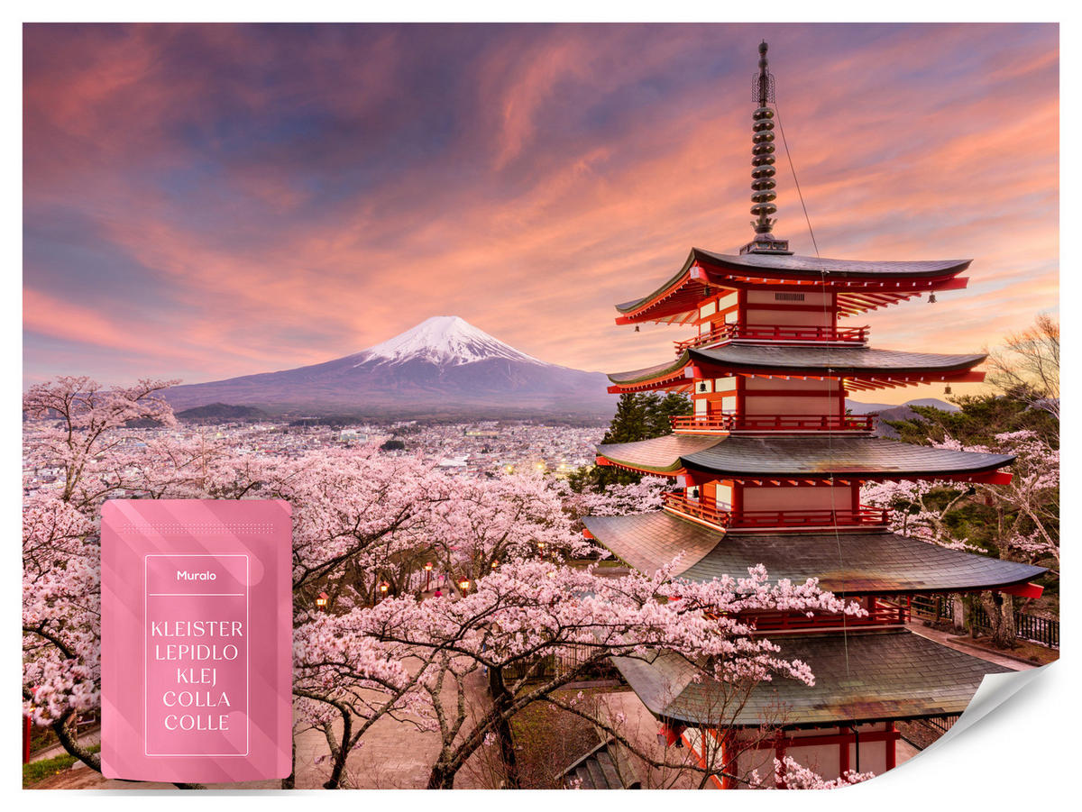 FOTOTAPETE Pagode Berg Fuji Sakura Landschaft 3D 200x140 - Rot/Violett, Papier (200/140cm) - Muralo