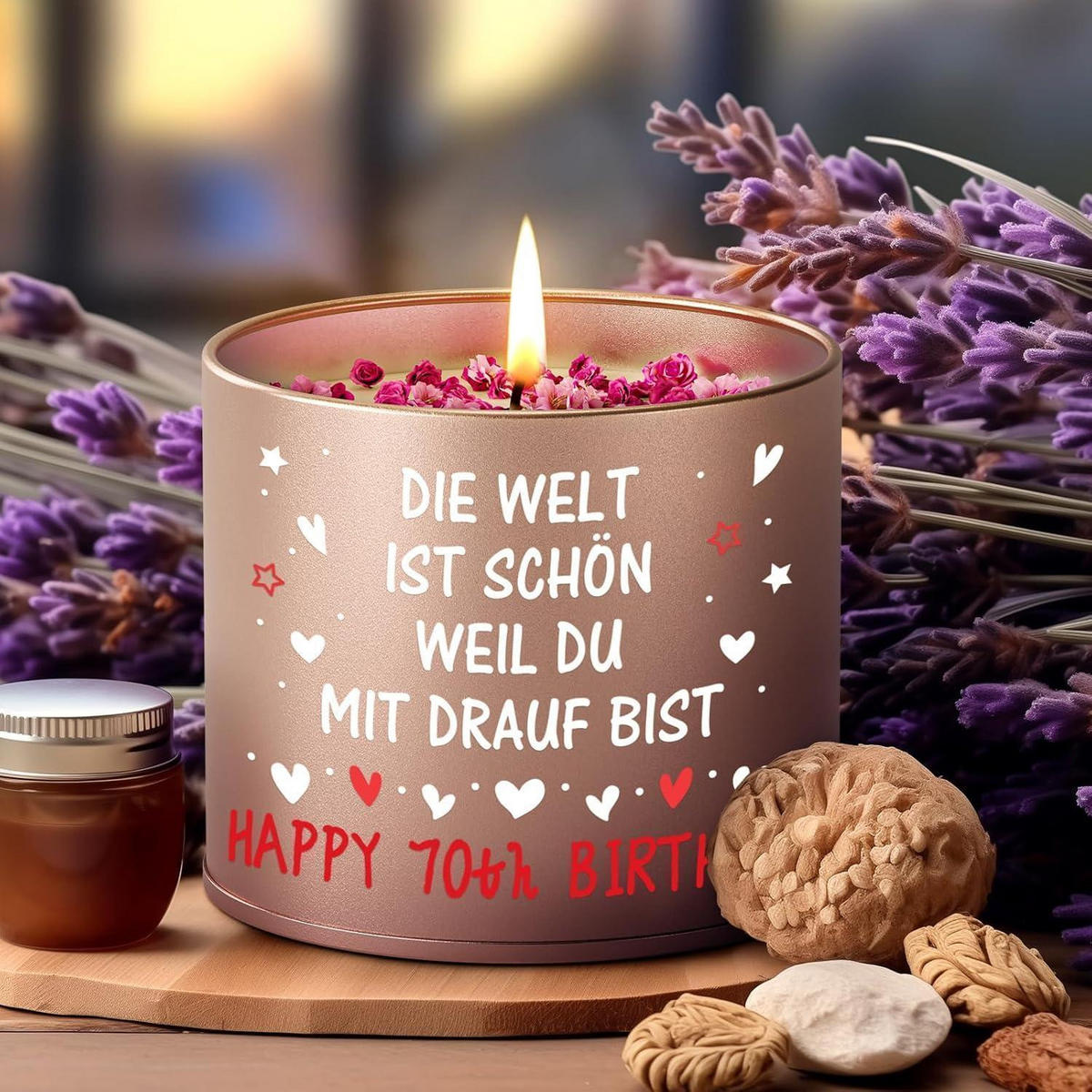 KERZE im Glas 70. Geburtstag Frau Lavendel 9 oz - Bronzefarben, Metall (8.5cm)