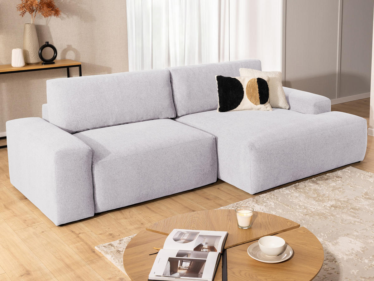 ECKSOFA Lennon aus Greige Strukturstoff mit Schlaffunktion und Bettkasten - Greige/Schwarz, Holz/Kunststoff (264/137cm) - S-Style