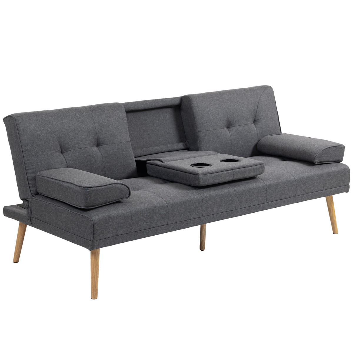 SCHLAFSOFA DE-06624 3-Sitzer-Sofa, 2 Kissen Grau + Natur - Dunkelgrau, Holz/Textil (181/78/77cm) - ComfortXL