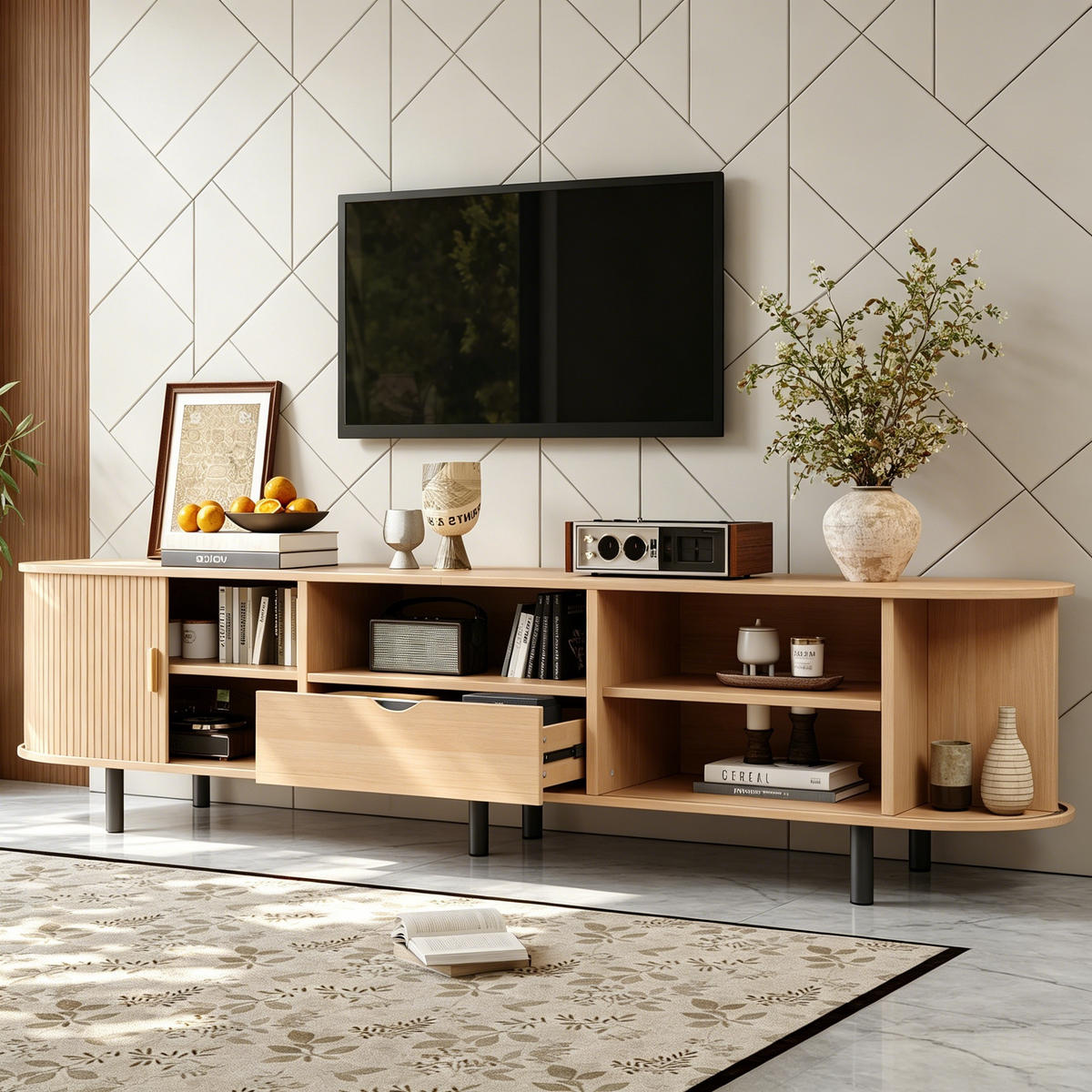 TV-SCHRANK 175cm Rollo Tür Schublade Lowboard Naturholz - Naturfarben, Holzwerkstoff (175/55/40cm) - FLIEKS
