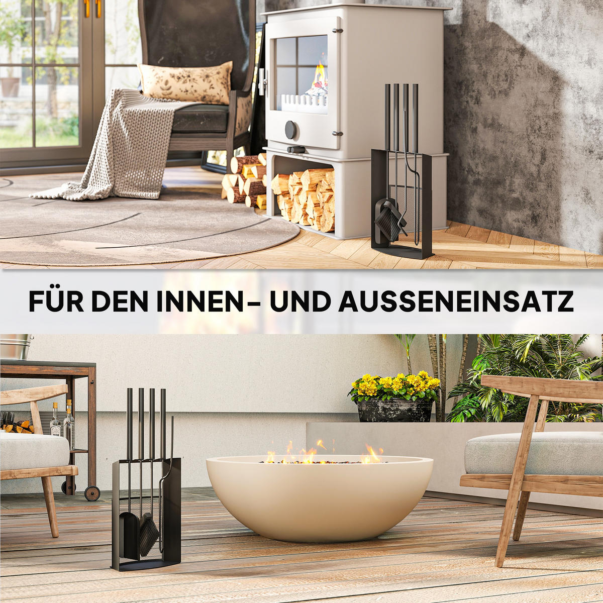 KAMINBESTECK Set 5teilig Kaminzubehör mit Besen, Schaufel, Schürhaken Zange - Schwarz, Metall (13/59.5/28cm) - Outsunny