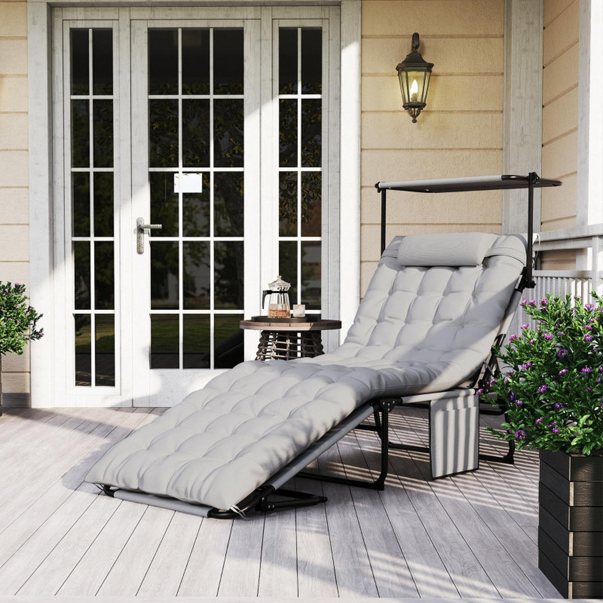 SONNENLIEGE Klappbar mit Dach Hellgrau - Grau, Metall (58/30/189cm) - ComfortXL