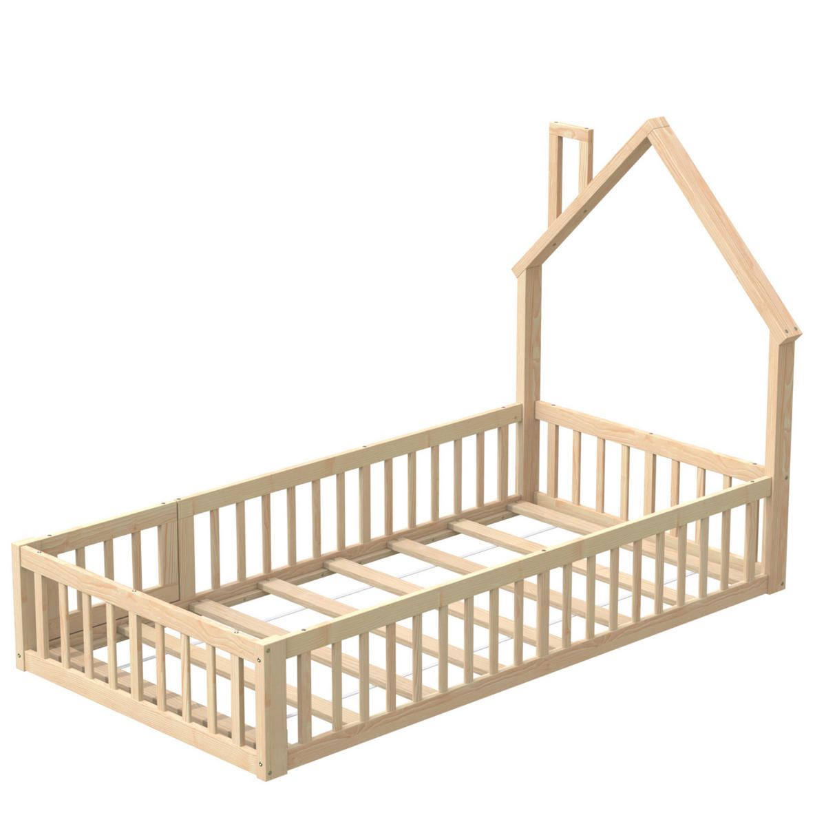 HAUSBETT 90/200 cm aus Kiefernholz mit Sicherheitsgitter und Schornsteinform - Naturfarben, Holzwerkstoff (90/200cm) - Flora Grace