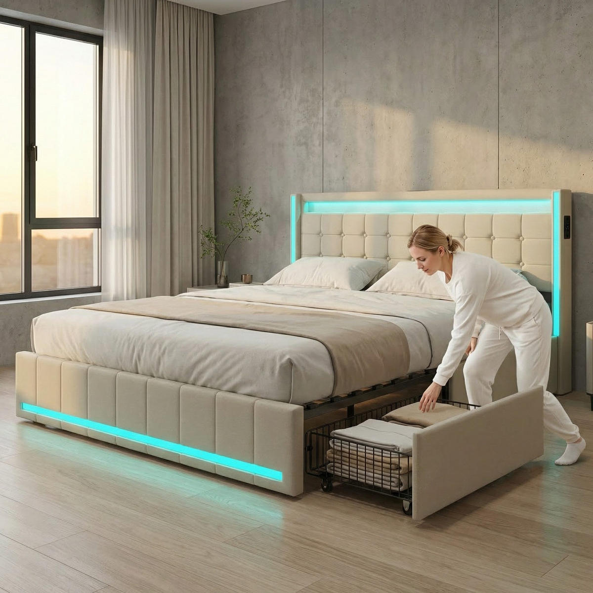 POLSTERBETT 180/200 cm beige mit Schubladen, LED und USB - Beige, Holz - SHOPENTRA