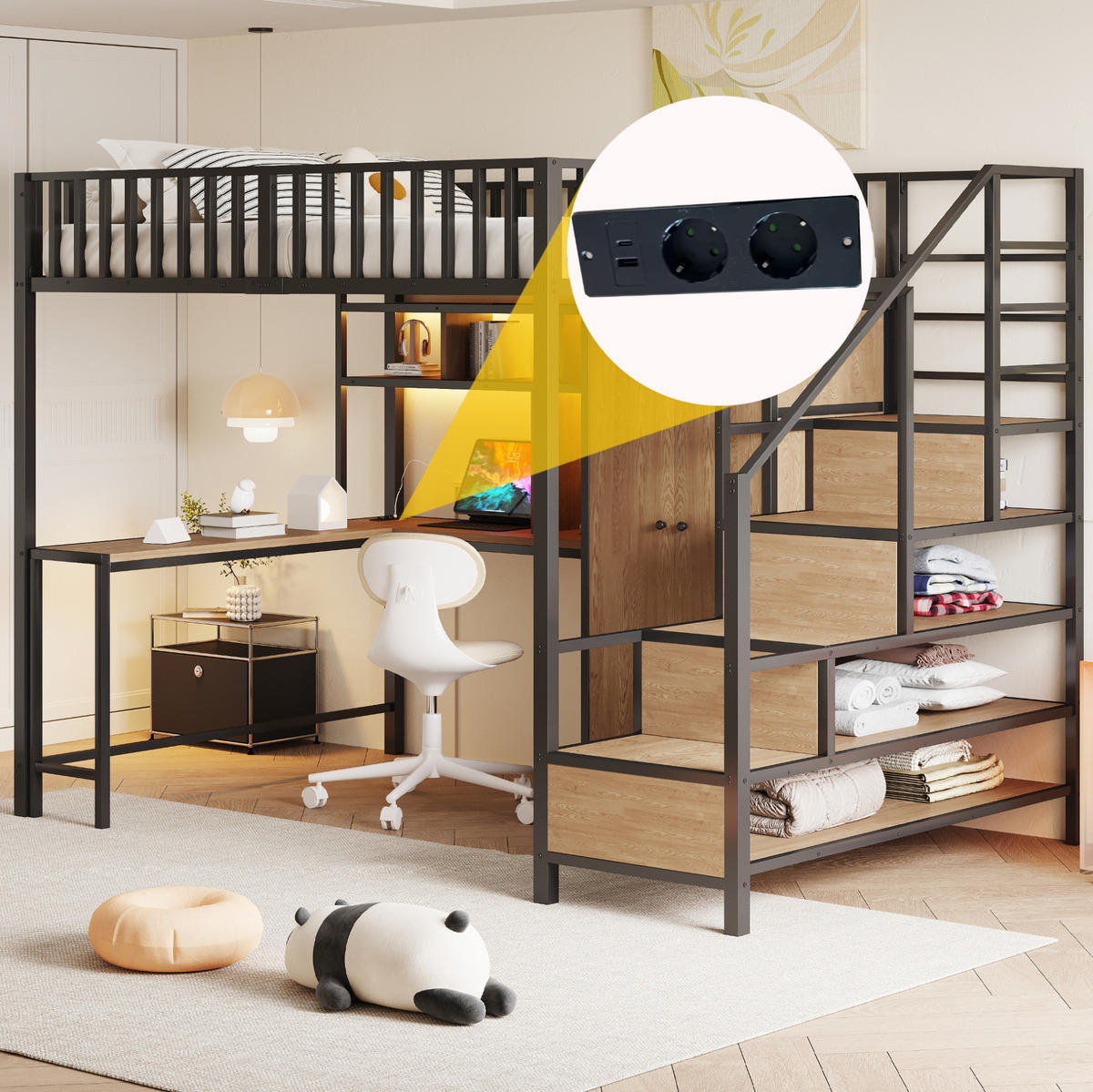 HOCHBETT 140/200 cm in Schwarz mit Schreibtisch, Kleiderschrank und LED-Beleuchtung - Schwarz, Metall (140/200cm) - Flora Grace