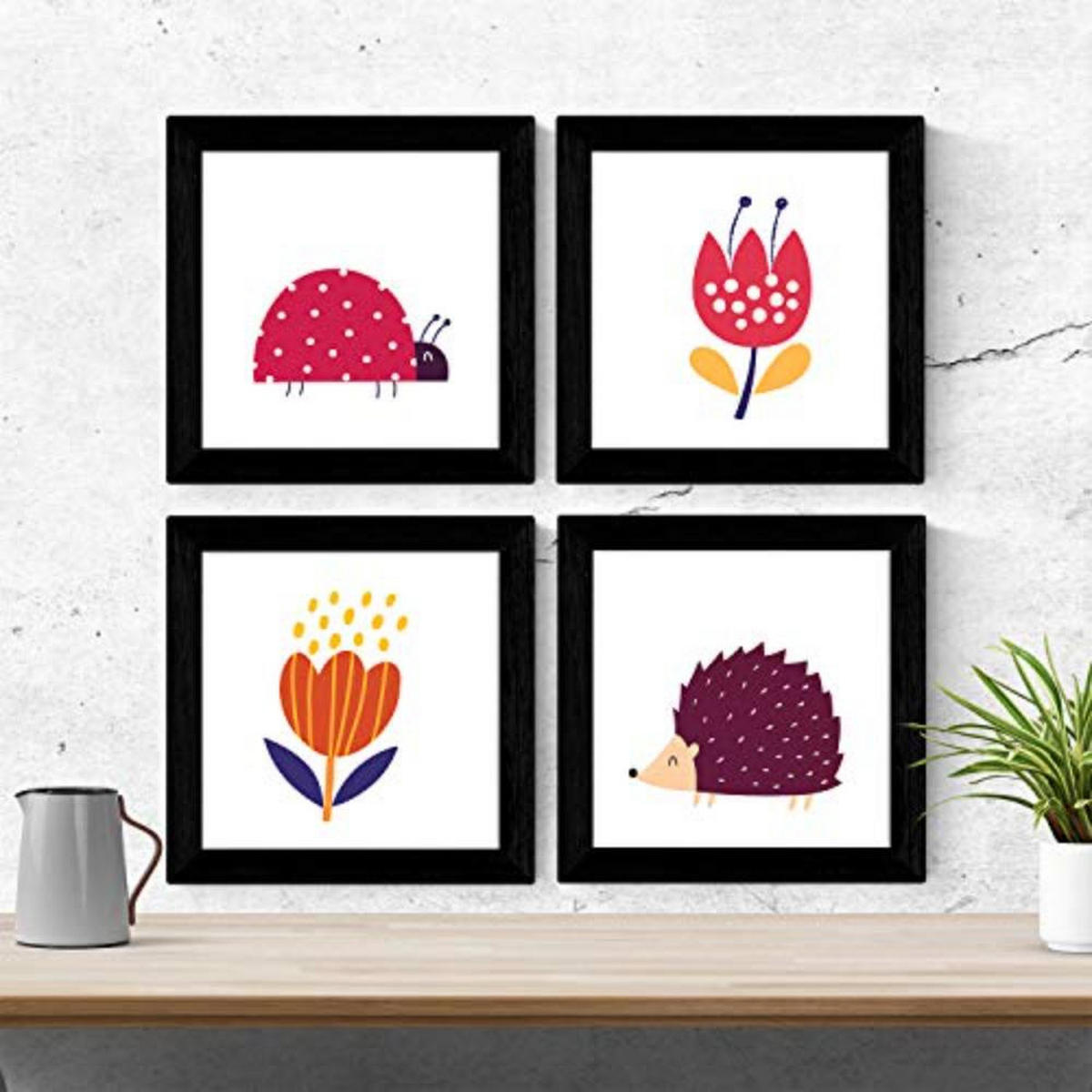 POSTER Set mit 4 ErishIllustrationen, Marienkäfer und Blumen Nordic Stil 20x20cm Rahmenlos - Klar, Papier (20/3cm) - Nacnic
