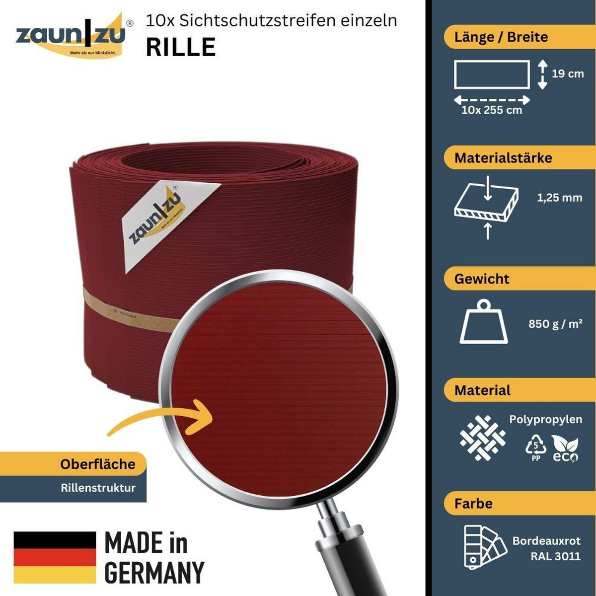 SICHTSCHUTZSTREIFEN Rille 10x Einzelstreifen 2,55m Sichtschutz Bordeauxrot, 10 x 2,55m - Bordeaux, Kunststoff (2550/19cm) - ZAUN|ZU