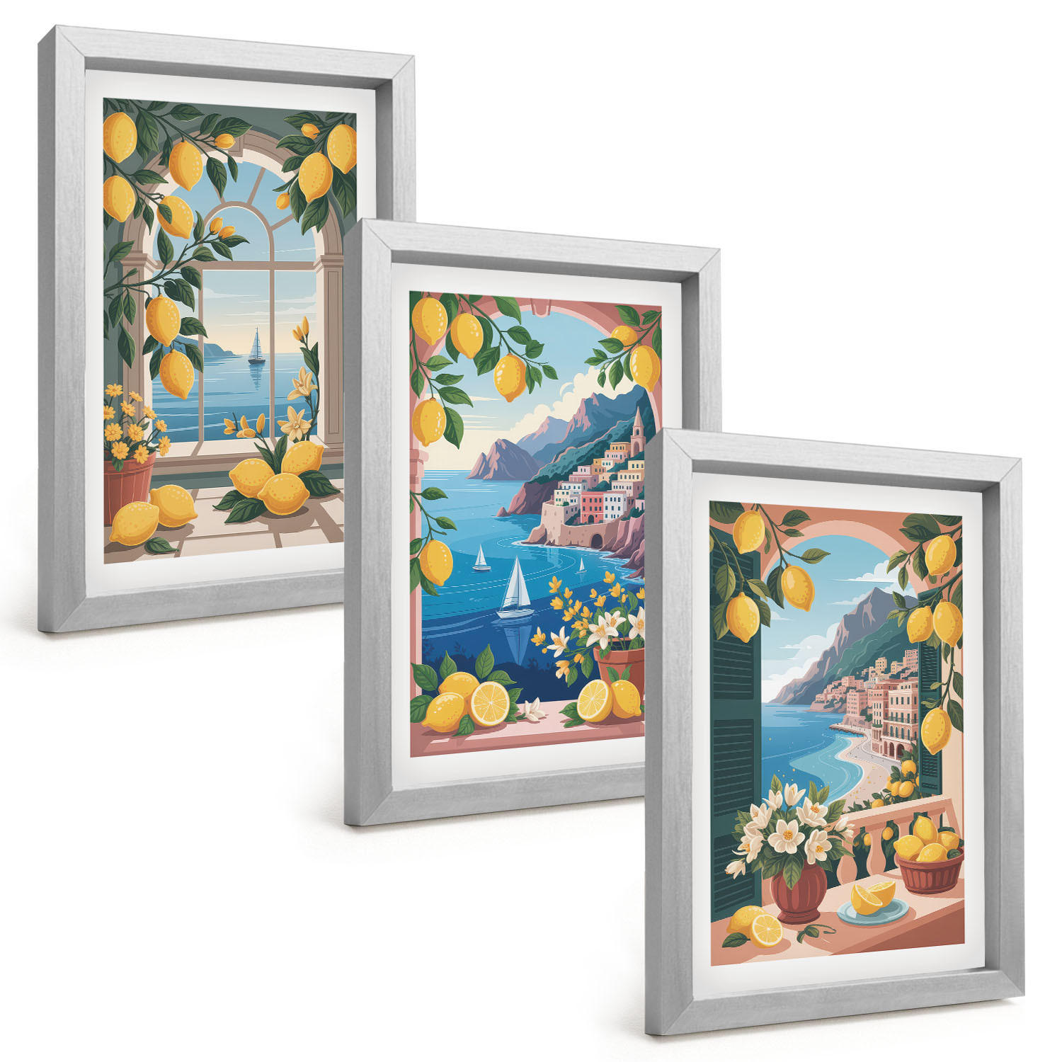 BILDER SET 3er Set - 20x30 cm Silberner Rahmen - Meerblick, italienische Zitronen - Silberfarben, Kunststoff (20/30cm) - TULUP