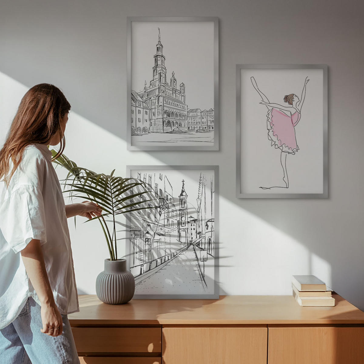 BILDER SET 3er Set - 40x60 cm Silberner Rahmen - Stilvolle Ballerinen und Architektur - Silberfarben, Kunststoff (40/60cm) - TULUP