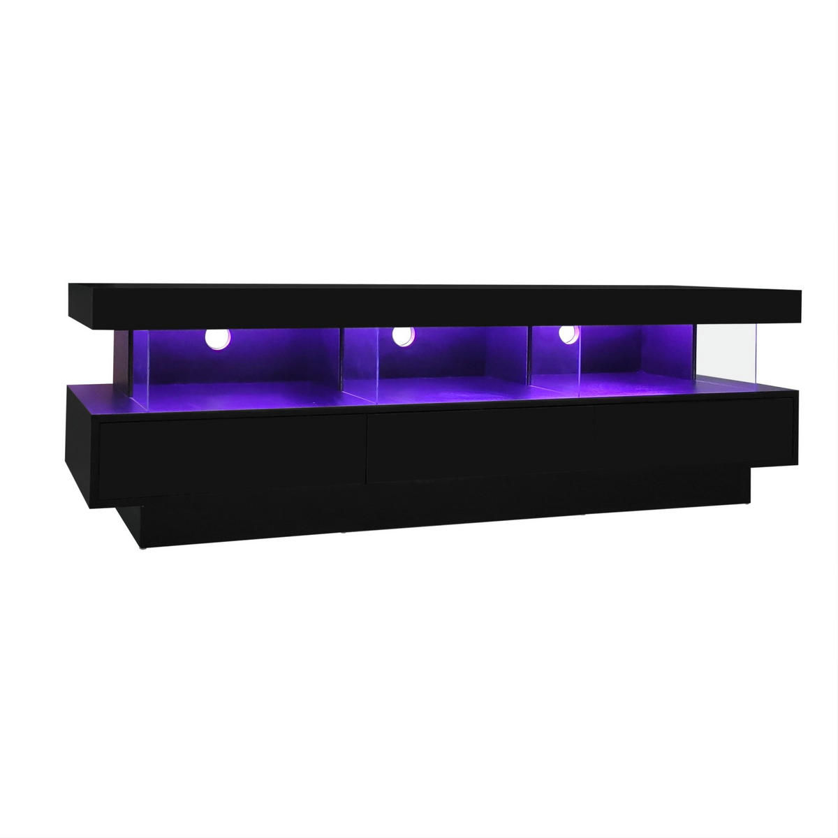 TV stolek 160/38/50,5 cm černá z dřevotřísky s LED osvětlením a 3 skleněnými policemi - černá, kompozitní dřevo (160/50.5/38cm) - OKWISH