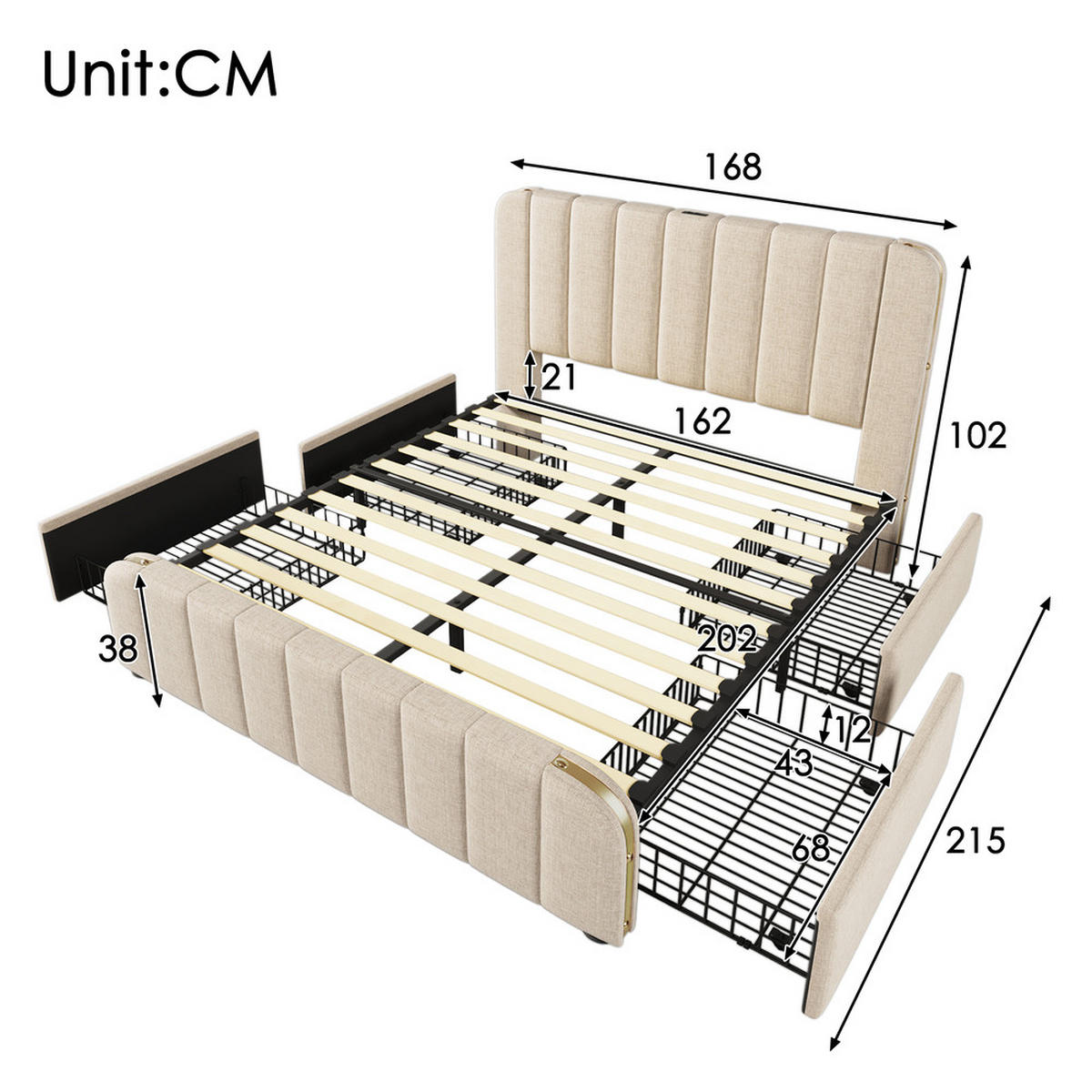 POLSTERBETT 160x200cm Doppelbett USB-C 4 Schubladen Goldstreifen Beige - Beige, Holz (160/200cm) - FLIEKS