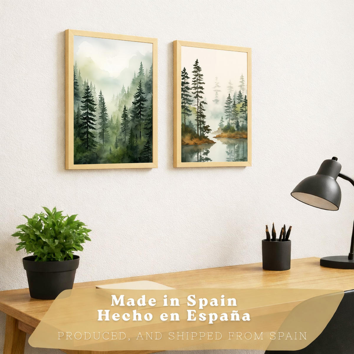 PLAKAT Sada 2 dekorativních tisků Nordic Forest Landscape Obrázky - zelené a hnědé dekorativní plakáty A4 světlý dřevěný rám - béžová, papír (29.7/42/3cm)