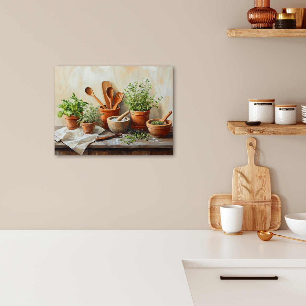 LEINWANDBILD Töpfe - Kräuter - Holz 40x30 cm - Terracotta, Textil (40/30cm) - MuchoWow