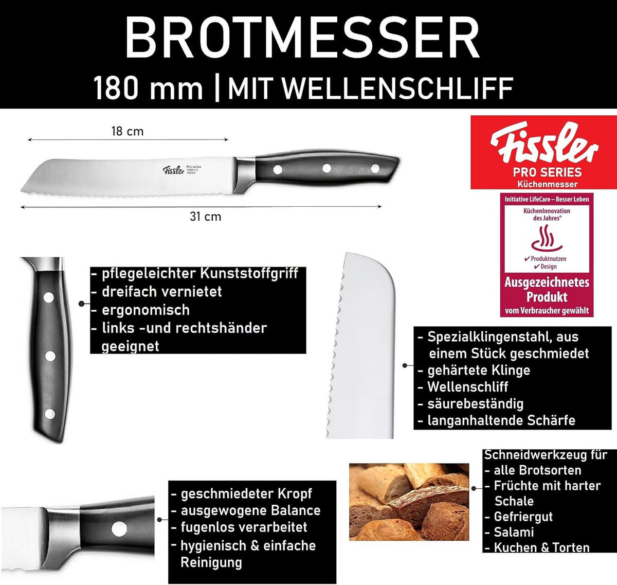 BROTMESSER Edelstahl 180mm, Profi Küchenmesser, Schneidemesser, Allzweckmesser, Scharf, Präzise, Kochen, Küche, Brot, Rostfrei, Wellenschliff - Silberfarben/Schwarz, Metall (32cm) - Fissler