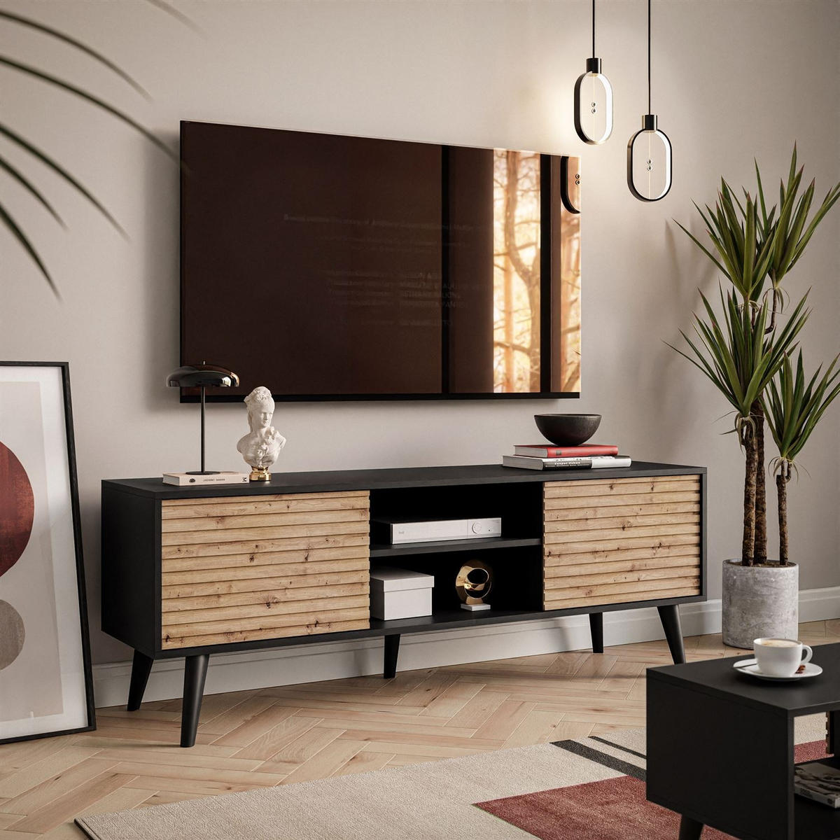 TV-ELEMENT CONE RTV 154 - Eichefarben/Schwarz, Holzwerkstoff (154/56/39cm) - Lookway