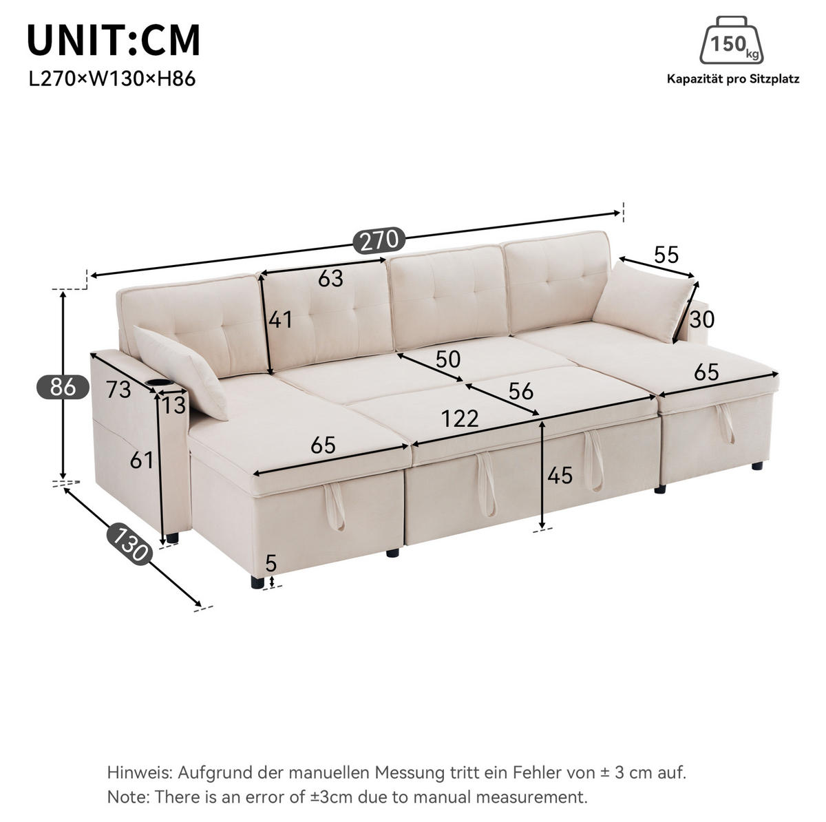 SCHLAFSOFA U-Form, Baumwoll-Leinenstoff mit Stauraum & Getränkehaltern, 270/130/86 cm, Beige - Beige, Textil (130/86/270cm) - Redom