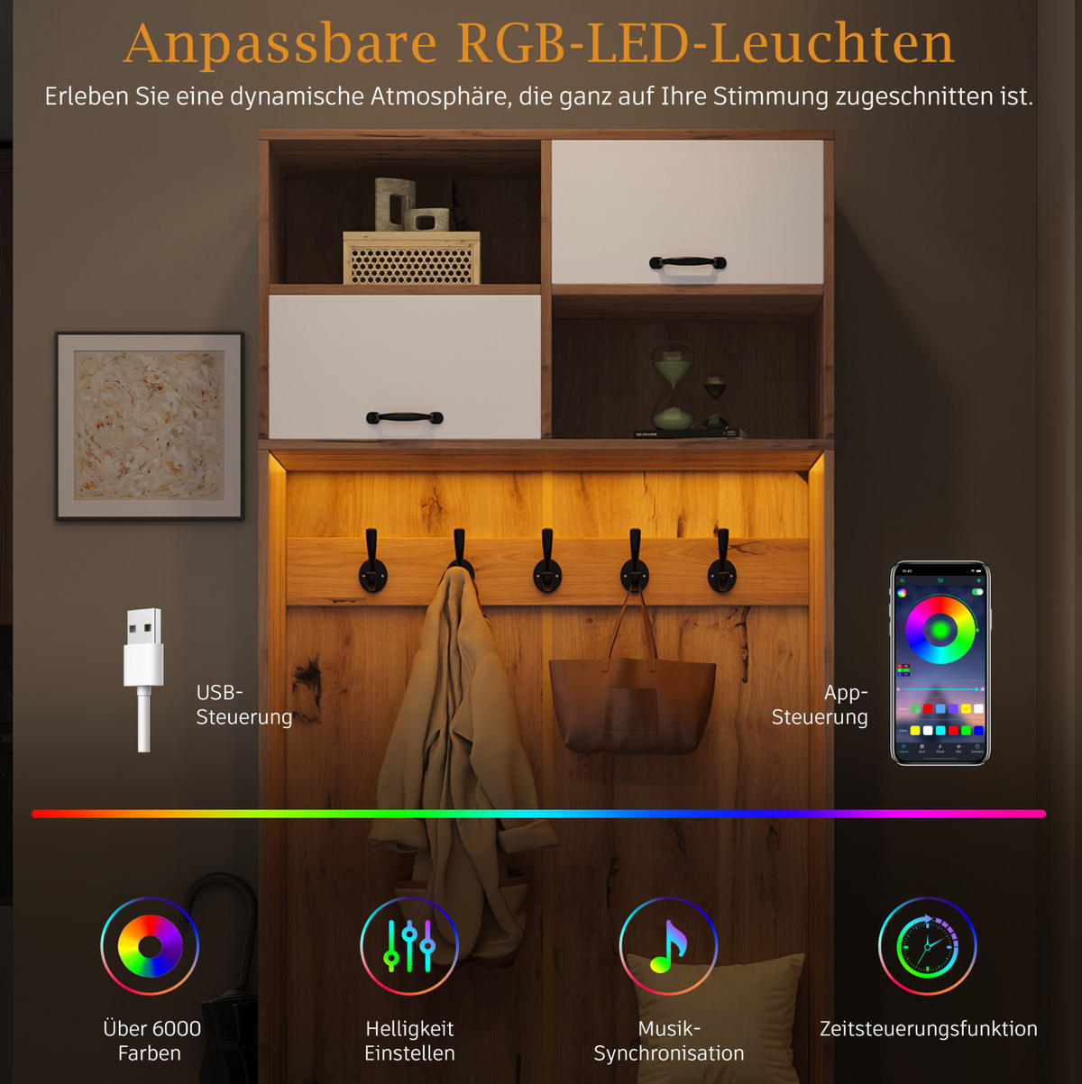 GARDEROBE 80/35/185 cm weiß/naturfarben aus Spanplatte mit Sitzbank LED und Stauraum - Naturfarben, Holzwerkstoff (80/185/35cm) - OKWISH