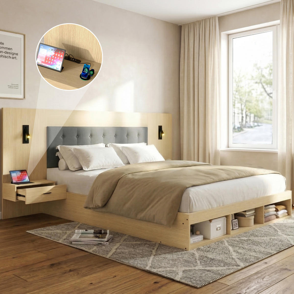 MANŽELSKÁ posteľ 180/200 cm svetlý dub s úložným priestorom a USB/USB-C z MDF - farba duba, kompozitné drevo (180/200cm) - OKWISH