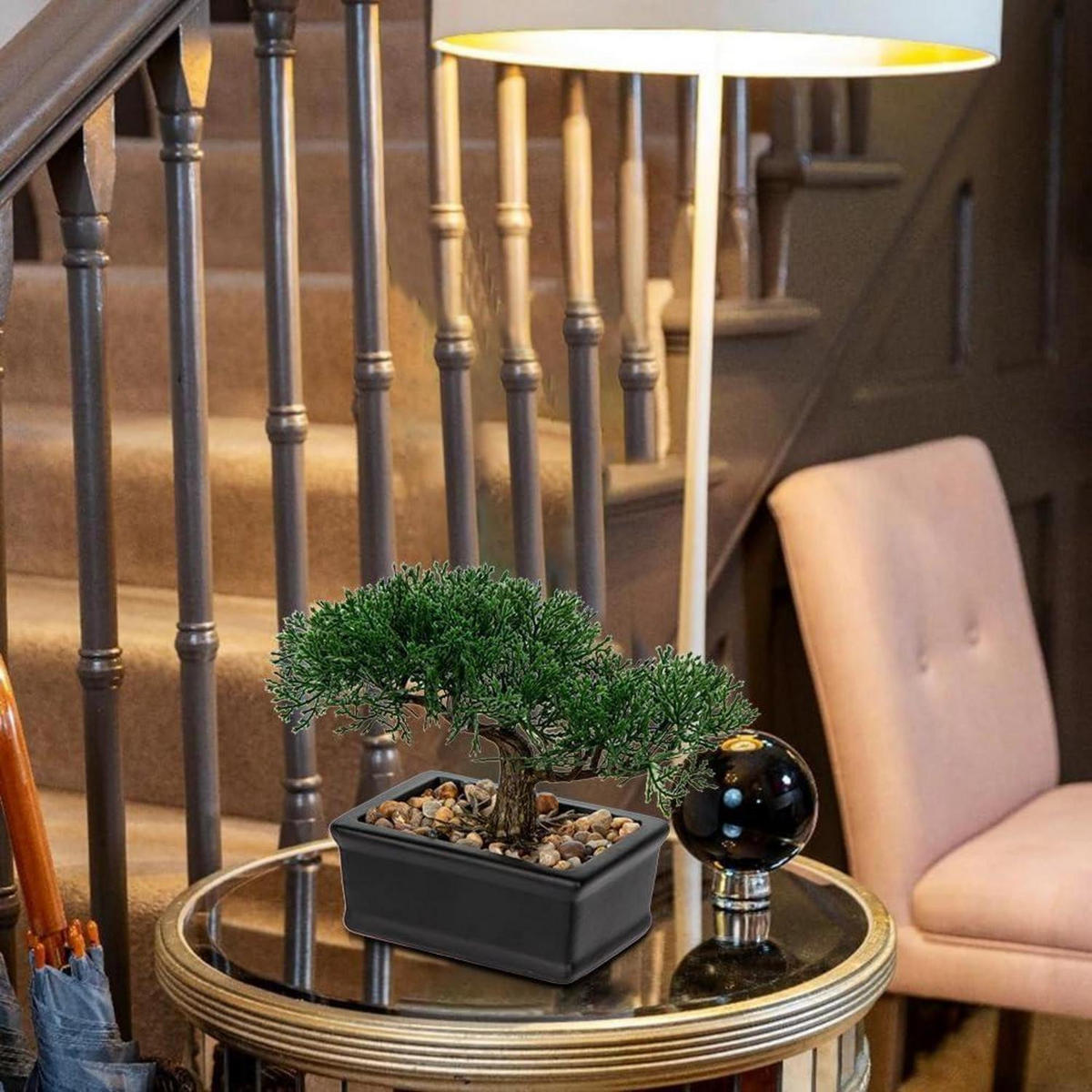 KUNSTBONSAI Zeder mit Keramik-Übertopf Schwarz 16.5 cm - Schwarz, Kunststoff (16.5cm)