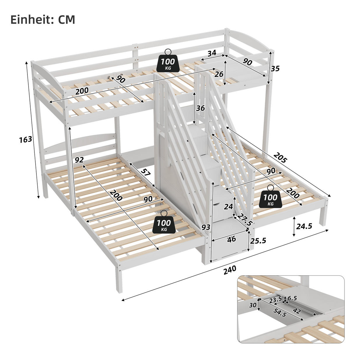 HOCHBETT 90x200cm Weiß Kiefernholz 3 Betten EN747 Leiter mit Schubladen - Weiß, Holz (90/200cm) - FLIEKS