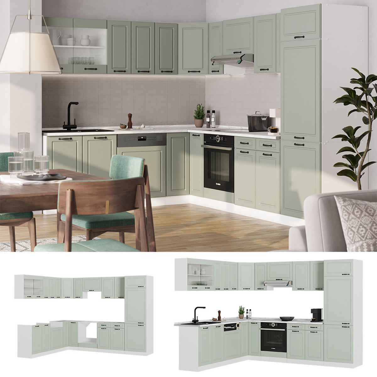 ECKKÜCHE R-Line, Mint Landhaus/Weiß, 287 x 227 cm - Weiß/Grün, Holzwerkstoff (287/206.8/60cm) - Vicco