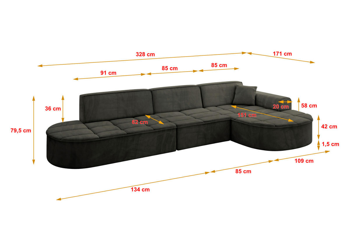 ECKSOFA Ottomane Rechts TARO-L2 - 328x171x79,5 cm Schwarz - Schwarz, Holzwerkstoff/Textil (328/171cm) - ALTDECOR