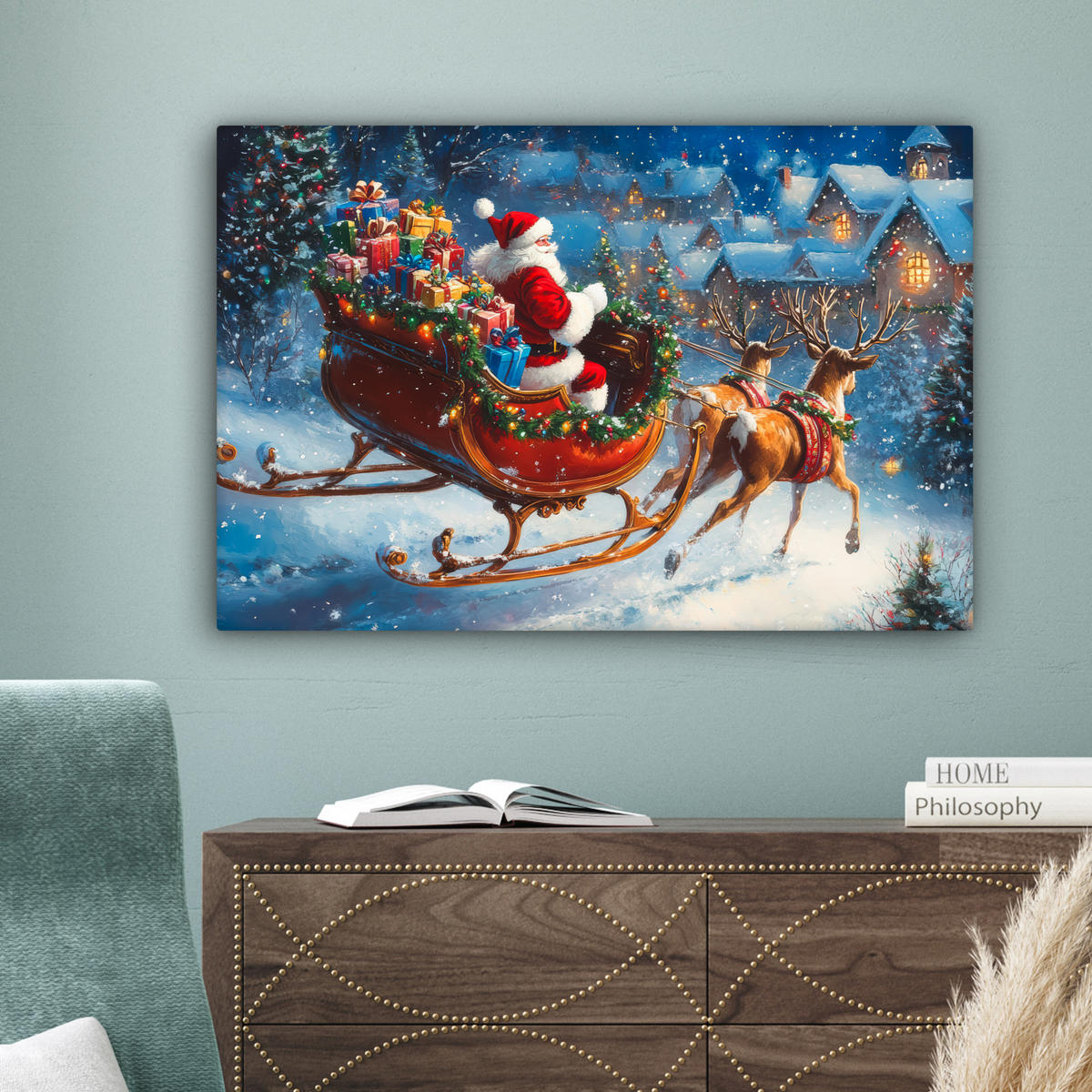 LEINWANDBILD Weihnachtsmann - Rentier - Weihnachten - Schnee Wanddeko 90x60 cm - Cognac, Textil (90/60cm) - MuchoWow