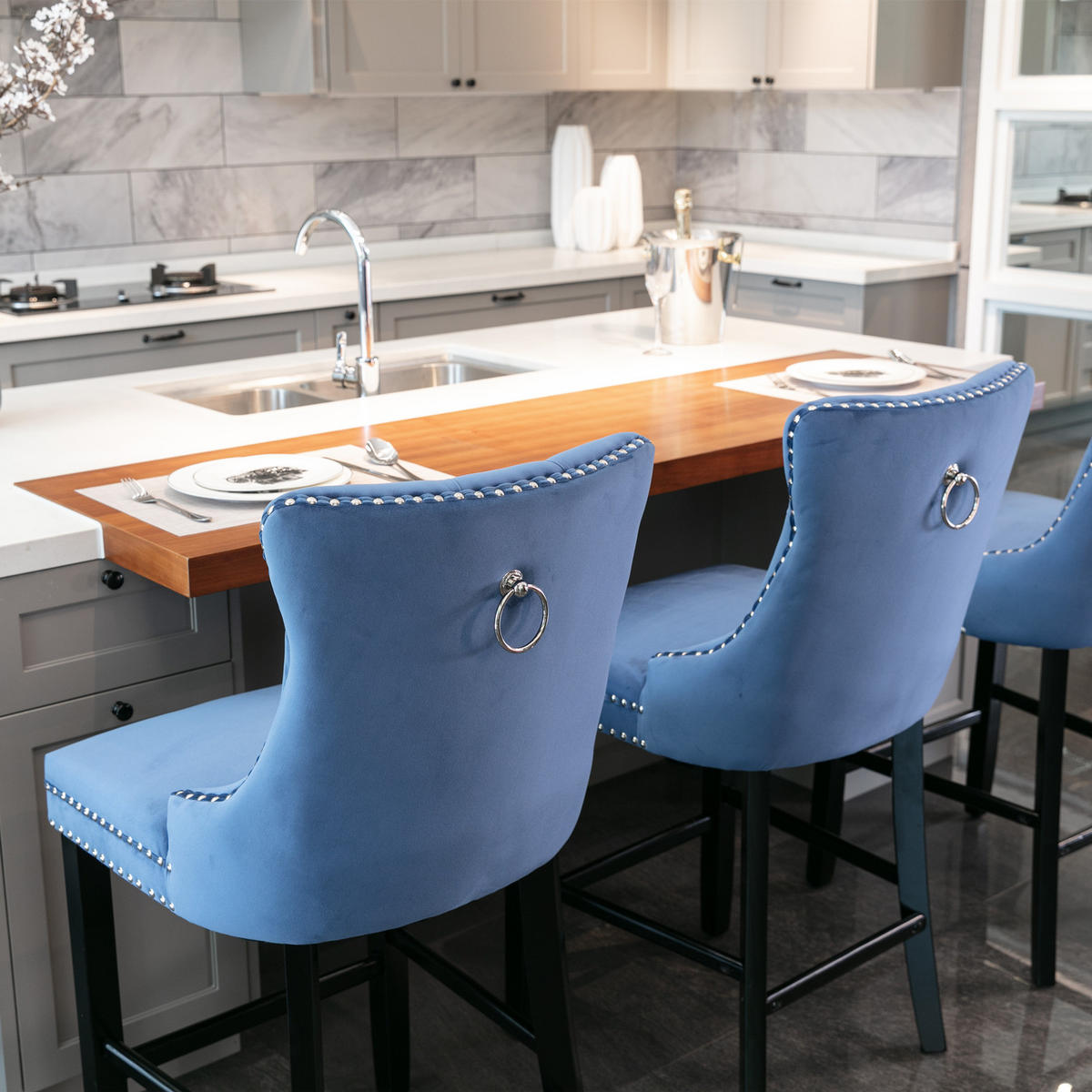 BARHOCKER 2er-Set Blau mit Samtbezug und Rückenlehne - Blau, Textil (65/95/50cm) - PANGIVO