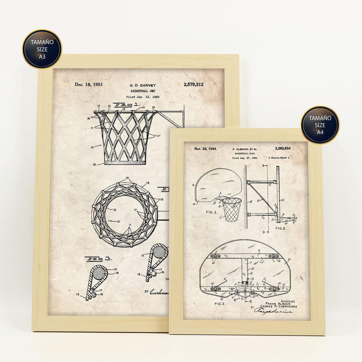 POSTER Set Mit 6 Plakaten Mit Basketball Patenten Im Vintage Stil A3 & A4 Rahmen Aus Hellem Holz - Beige, Papier (29/3cm) - Nacnic