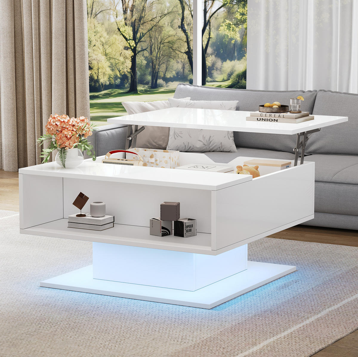 COUCHTISCH aus Spanplatte 75x53x54 cm in Weiß mit LED & anhebbarer Tischplatte - Weiß, Holzwerkstoff (75/80/40cm) - Modfu