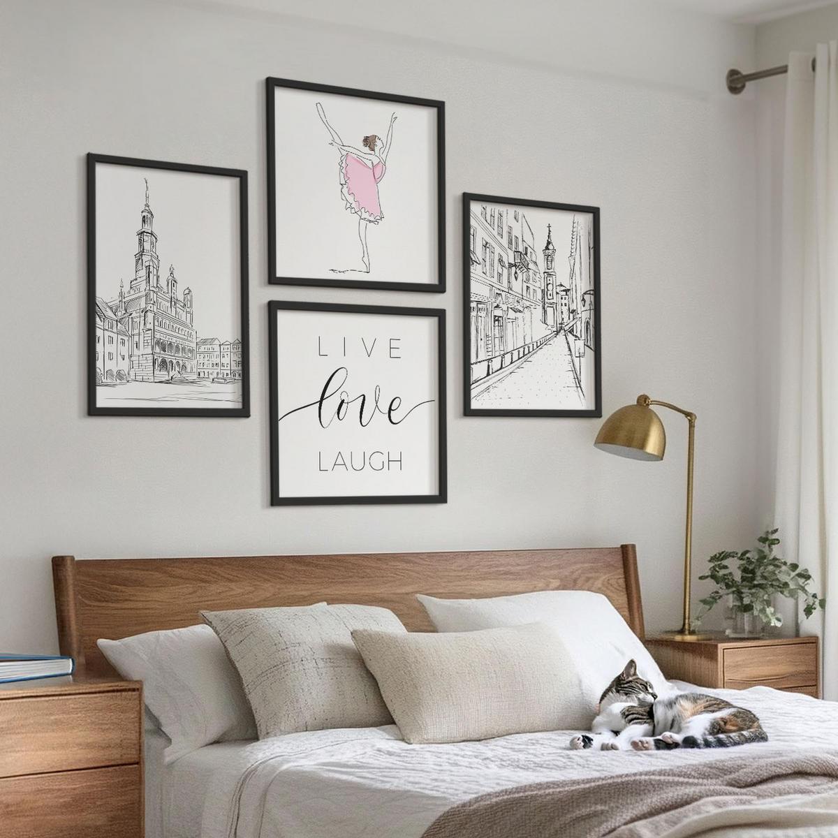 WANDBILDER 4er-Set - 50x50 cm & 40x60 cm Schwarzer Rahmen - Stilvolle Grafik, Ballerina-Architektur - Schwarz, Kunststoff (50/50cm) - ArtPrintCave