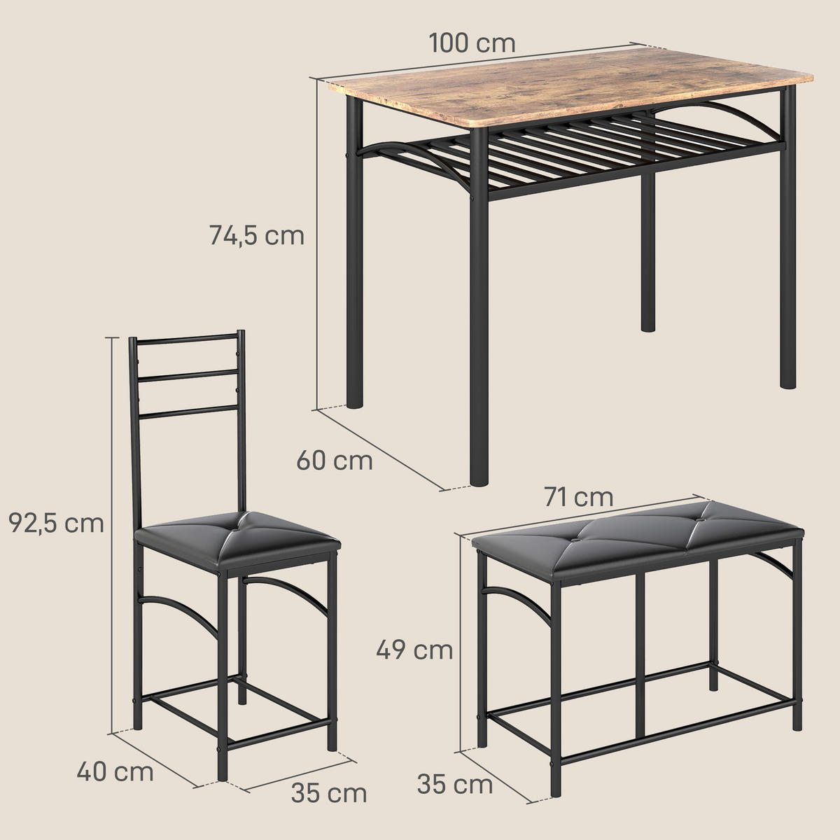 4-TEILIGES Esszimmer-Set, Platzsparendes Set mit Tisch, Stühlen und Bank, Braun - Braun, Metall (60/74.5/100cm) - HOMCOM