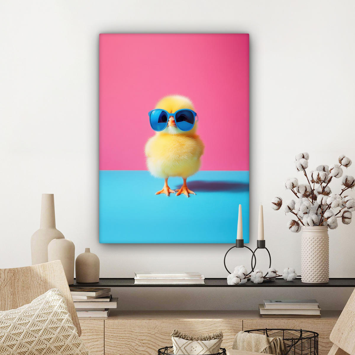 LEINWANDBILD Chick - Sonnenbrille - Blau Wandbild Wohnzimmer 60x80 cm - Pink/Gelb, Textil (60/80cm) - MuchoWow