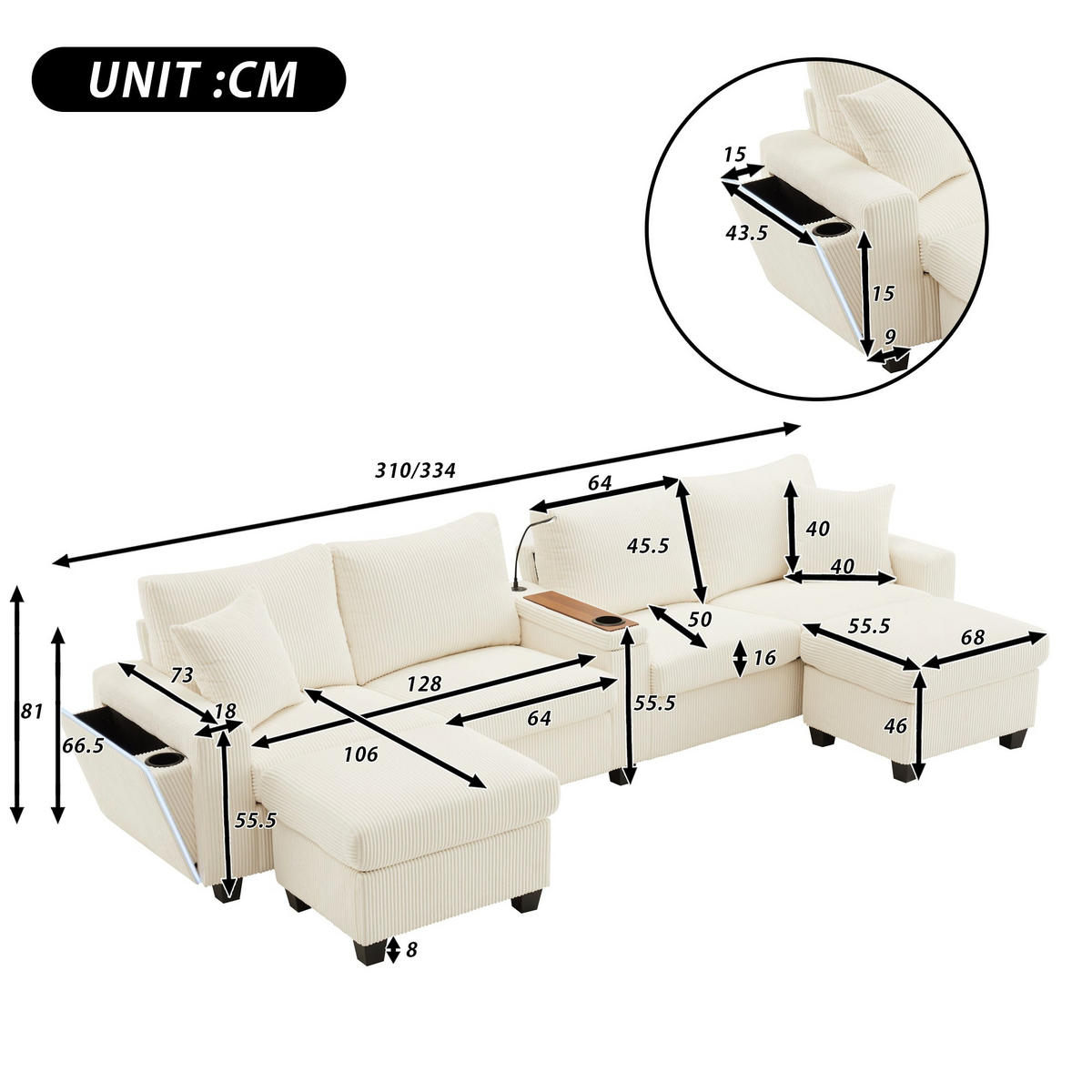 ECKSOFA aus Cord in Beige mit LED Beleuchtung & smarten USB-Anschlüssen - Beige, Textil (128/334cm) - Urban Meuble