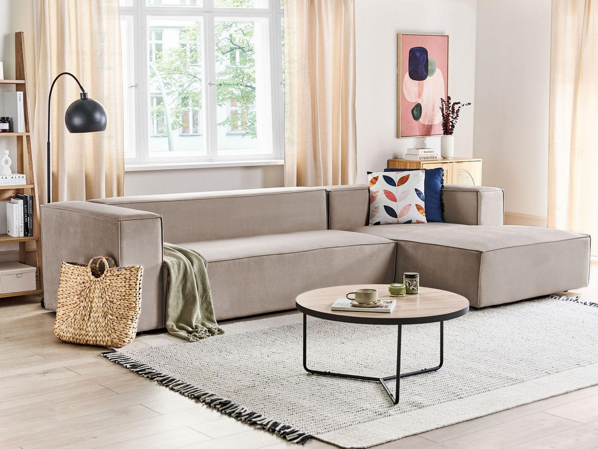 3-SITZER-ECKSOFA Samtstoff taupe rechtsseitig Vernon - Taupe, Textil (330/178cm) - Beliani