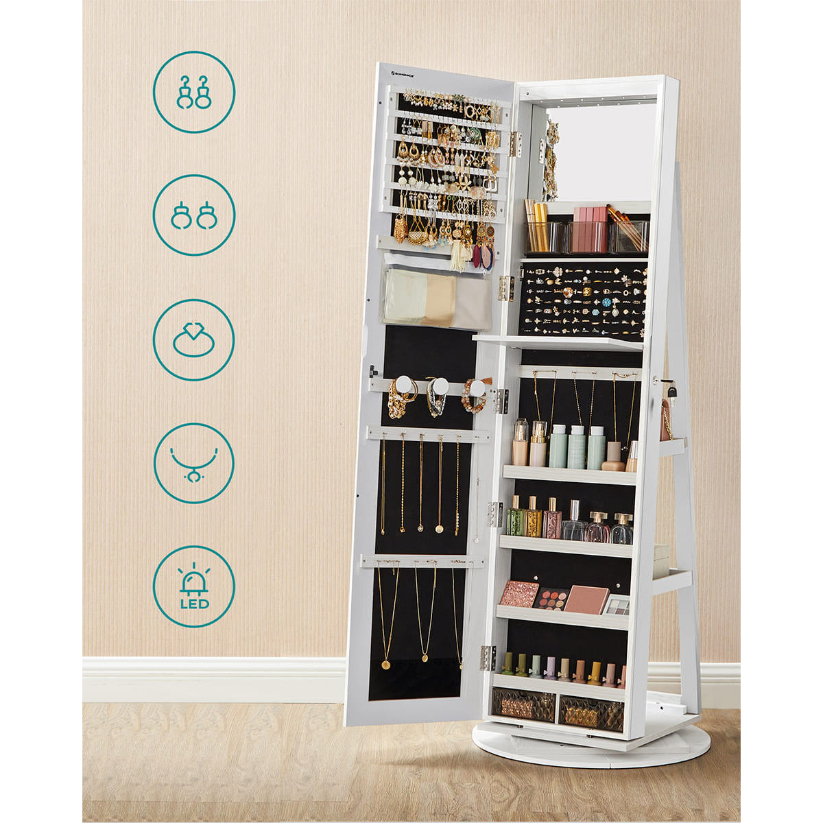 SCHMUCKSCHRANK mit Spiegel - H162 cm - Weiß, Holzwerkstoff (55/162/167cm) - Calicosy