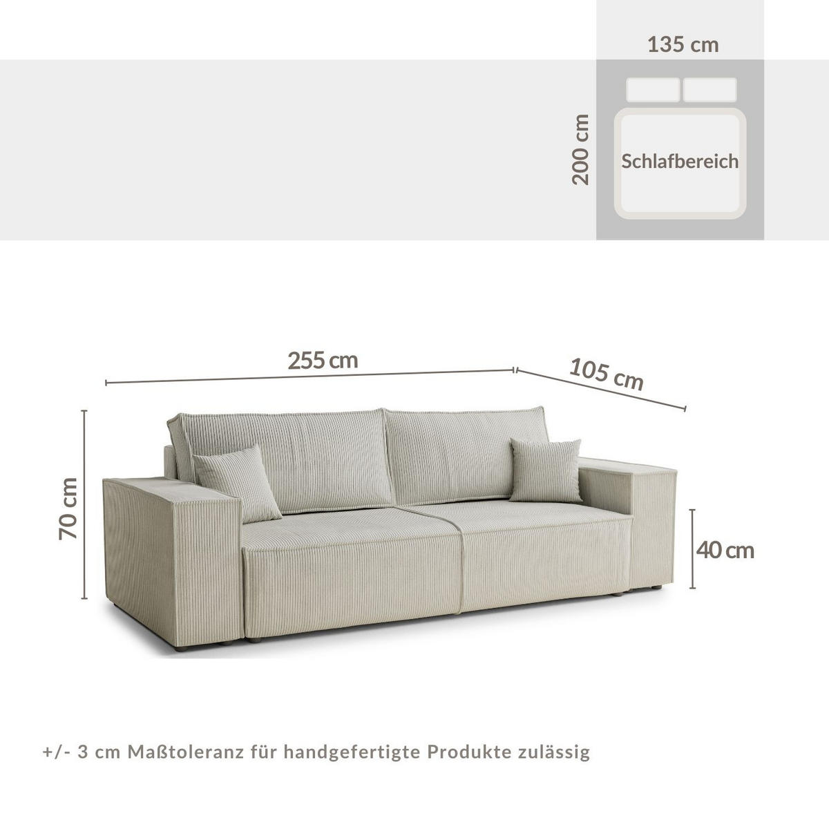 SOFA MIT SCHLAFFUNKTION Milos Creme Samtstoff - Creme/Schwarz, Holz/Holzwerkstoff (255/70/105cm) - Maison de Reve