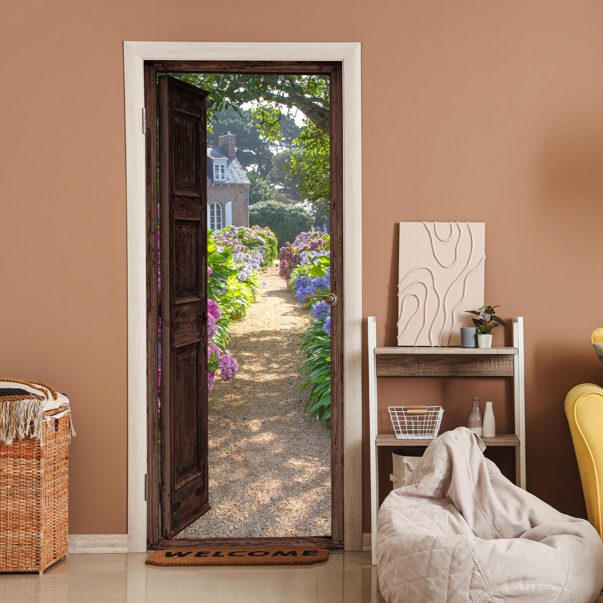 TÜRAUFKLEBER Selbstklebend - Fensterblick - Hortensie - Tür - Blumen - Natur 90x205 cm - Türtapete - Beige, Kunststoff (90/0.1cm) - MuchoWow